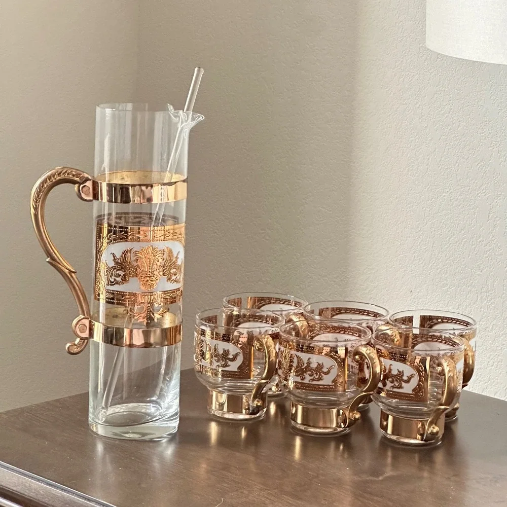 Vintage 22K Gold Filigree Glass Pitcher and 6 Mug Set with Stirrer MCM Barware